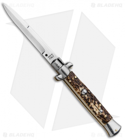 SKM AB 9" Italian Stiletto Bayo Automatic Knife Stag (3.8" Satin)