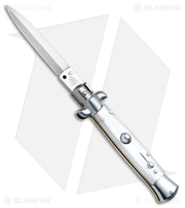 SKM AB 9" Italian Stiletto Automatic Knife White Pearlex (3.8" Satin Dagger)