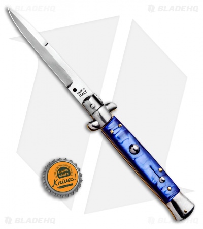 SKM 9" Italian Stiletto Bayonet Automatic Knife Blue Acrylic (4" Satin)