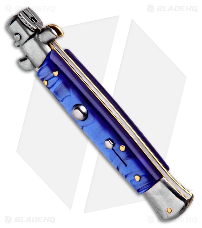 SKM 9" Italian Stiletto Bayonet Automatic Knife Blue Acrylic (4" Satin)