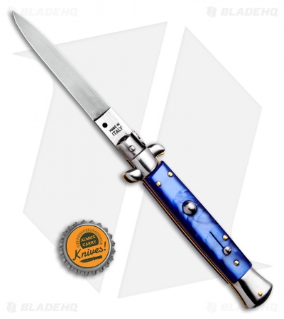 SKM 9" Italian Stiletto Automatic Knife Blue Acrylic (4" Satin Flat)