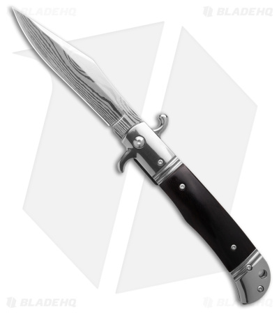 9" CZ Bolster Release Automatic Knife Ebony Wood (4" Damascus Print)