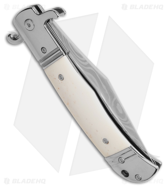 9" CZ Bolster Release Automatic Knife White Bone (4" Damascus Print)