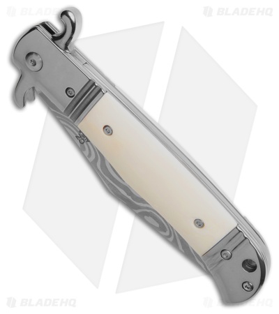 9" CZ Bolster Release Automatic Knife White Bone (4" Damascus Print)