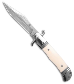 9" CZ Bolster Release Automatic Knife White Bone (4" Damascus Print)