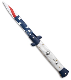 Frank B 9" Italian Stiletto Automatic Knife White Acrylic Bayo (4" Stars & Bars)