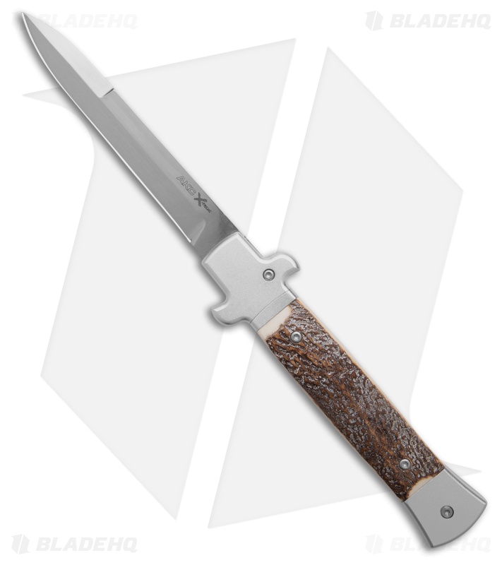 AKC World 9" X-Treme Shadow Bolster Release Automatic Knife Stag (4" Satin)