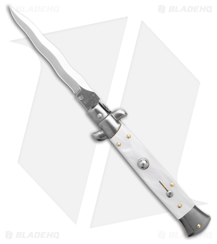 Frank B 9" Italian Stiletto Automatic Knife White Pearlex (4" Satin Kriss) 