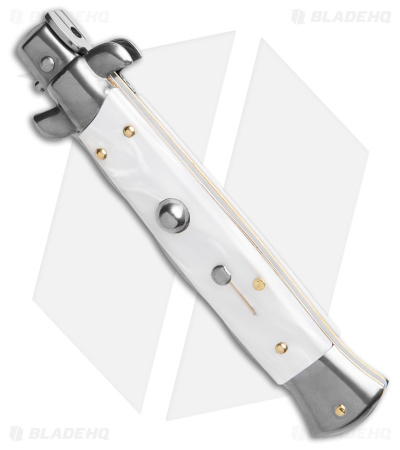 Frank B 9" Italian Stiletto Automatic Knife White Pearlex (4" Satin Kriss) 