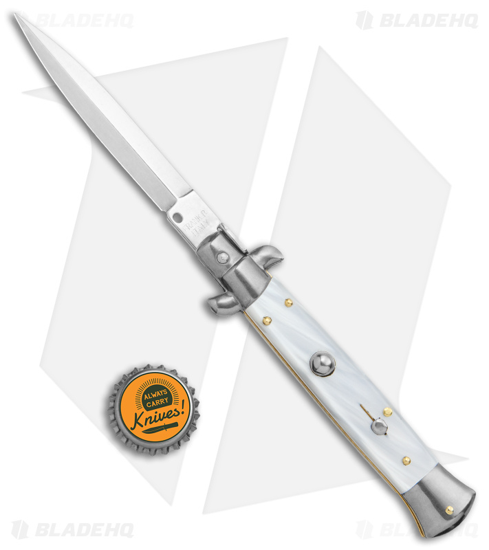 Frank B 9" Italian Stiletto Automatic Knife White Pearlex (4" Satin Dagger) 