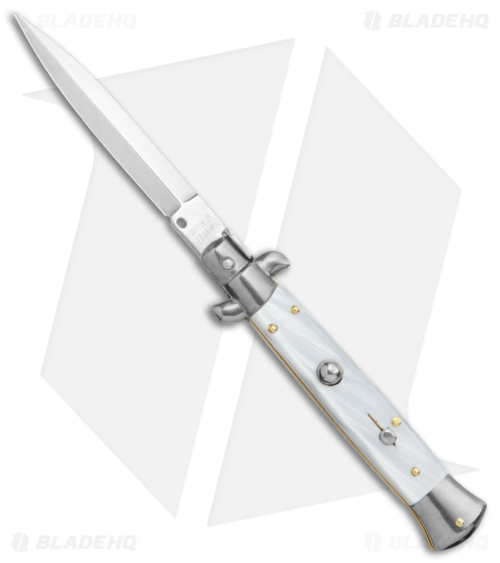 Frank B 9" Italian Stiletto Automatic Knife White Pearlex (4" Satin Dagger) 