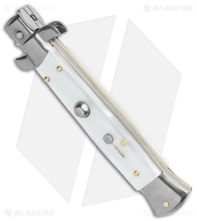Frank B 9" Italian Stiletto Automatic Knife White Pearlex (4" Satin Dagger) 