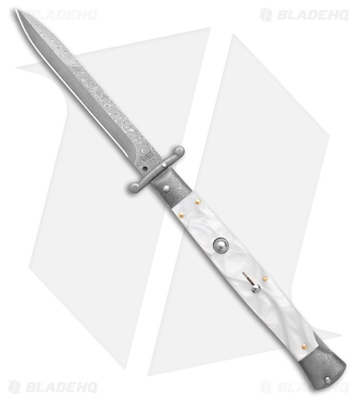 AKC 11" Italian Stiletto Swinguard Automatic White Pearlex (5" Damascus Bayo) 