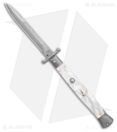 AKC 11" Italian Stiletto Swinguard Automatic White Pearlex (5" Damascus Bayo) 