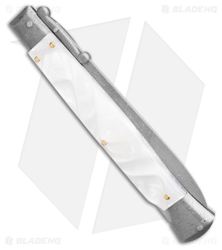 AKC 11" Italian Stiletto Swinguard Automatic White Pearlex (5" Damascus Bayo) 