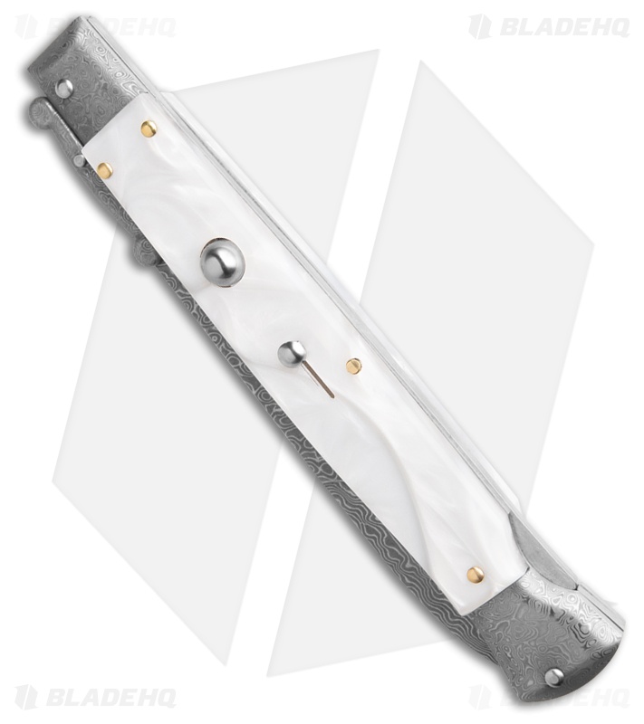 AKC 11" Italian Stiletto Swinguard Automatic White Pearlex (5" Damascus Bayo) 