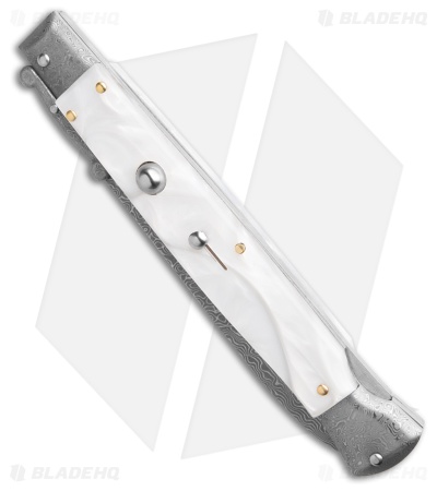 AKC 11" Italian Stiletto Swinguard Automatic White Pearlex (5" Damascus Bayo) 
