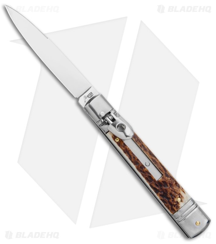 AKC 7.75" Slimline Lever Lock Clip Point Automatic Knife Stag Horn (3.3" Satin)