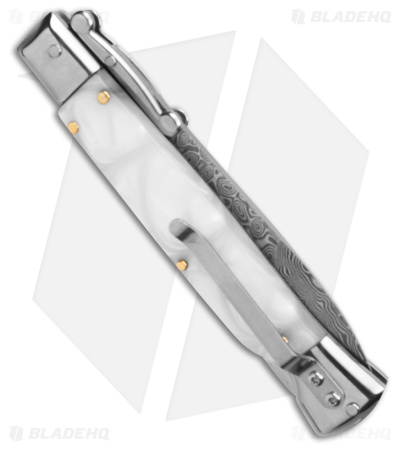 AKC Swinguard 9" Automatic Italian Stiletto White Pearlex (4" Damascus Bayonet)