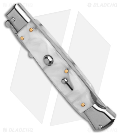 AKC Swinguard 9" Automatic Italian Stiletto White Pearlex (4" Polish Bayonet)
