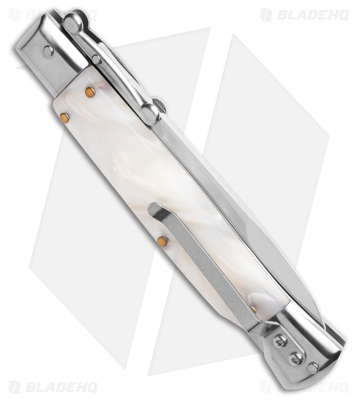 AKC Swinguard 9" Automatic Italian Stiletto White Pearlex w/Box (4" Bayonet)