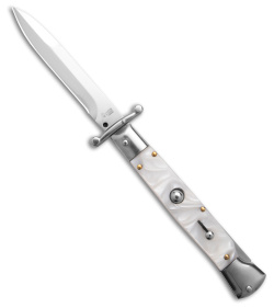 AKC Swinguard 9" Automatic Italian Stiletto White Pearlex w/Box (4" Bayonet)
