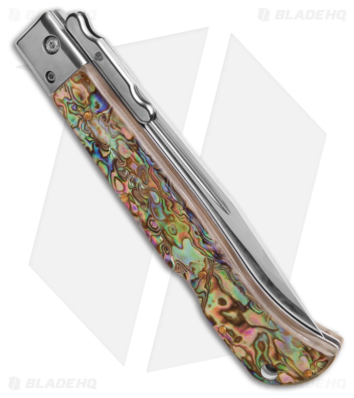 AKC World 11" Roma Drop Point Automatic Swinguard Abalone (4.6" Polished)