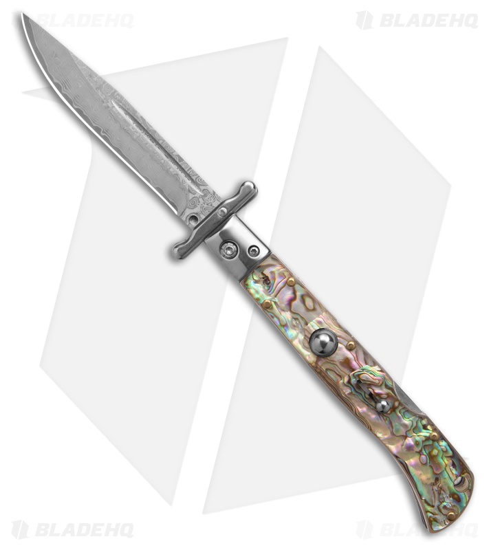 AKC World 9" Roma Drop Point Auto Swinguard Abalone (3.9" Damascus)