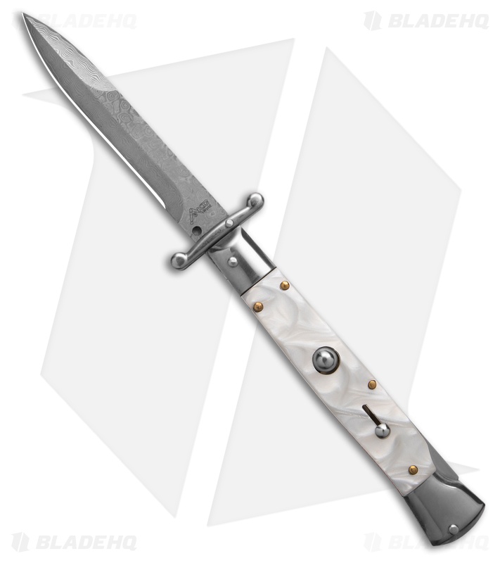 AKC World Swinguard 9" Bayonet Automatic Knife White Pearlex (4" Damascus)