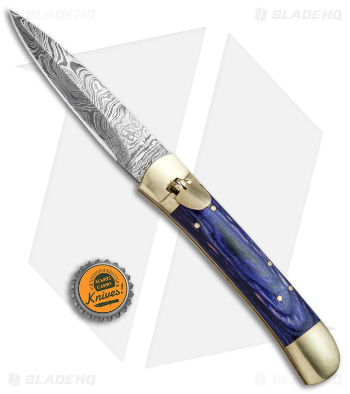 9"  Leverlock Dagger Automatic Stiletto Knife Blue Wood (3.8" Damascus)
