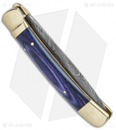 9"  Leverlock Dagger Automatic Stiletto Knife Blue Wood (3.8" Damascus)