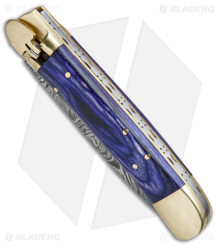 9"  Leverlock Dagger Automatic Stiletto Knife Blue Wood (3.8" Damascus)