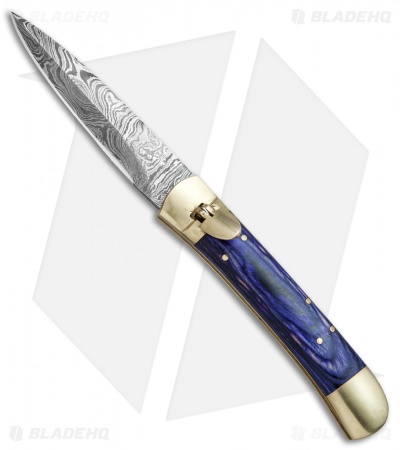 9"  Leverlock Dagger Automatic Stiletto Knife Blue Wood (3.8" Damascus)