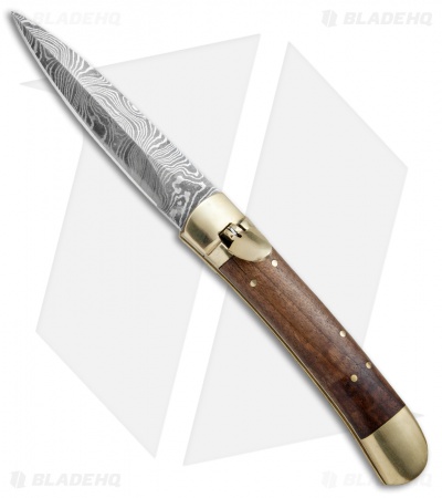 9"  Leverlock Dagger Automatic Stiletto Knife Wood (3.8" Damascus)