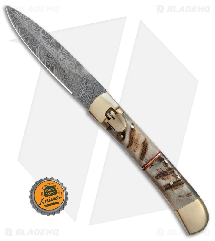 9"  Leverlock Dagger Automatic Stiletto Knife Stag (3.8" Damascus)