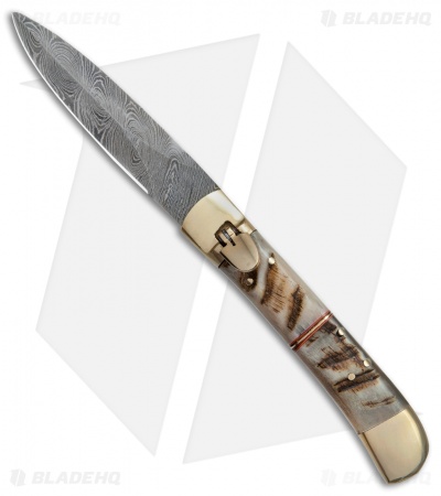 9"  Leverlock Dagger Automatic Stiletto Knife Stag (3.8" Damascus)