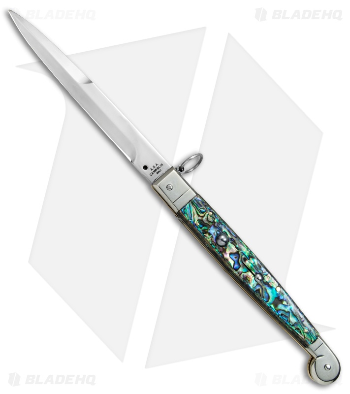 AGA Campolin 9" Sicilian Ring Pull Automatic Knife Abalone (5.5" Satin Bayo)