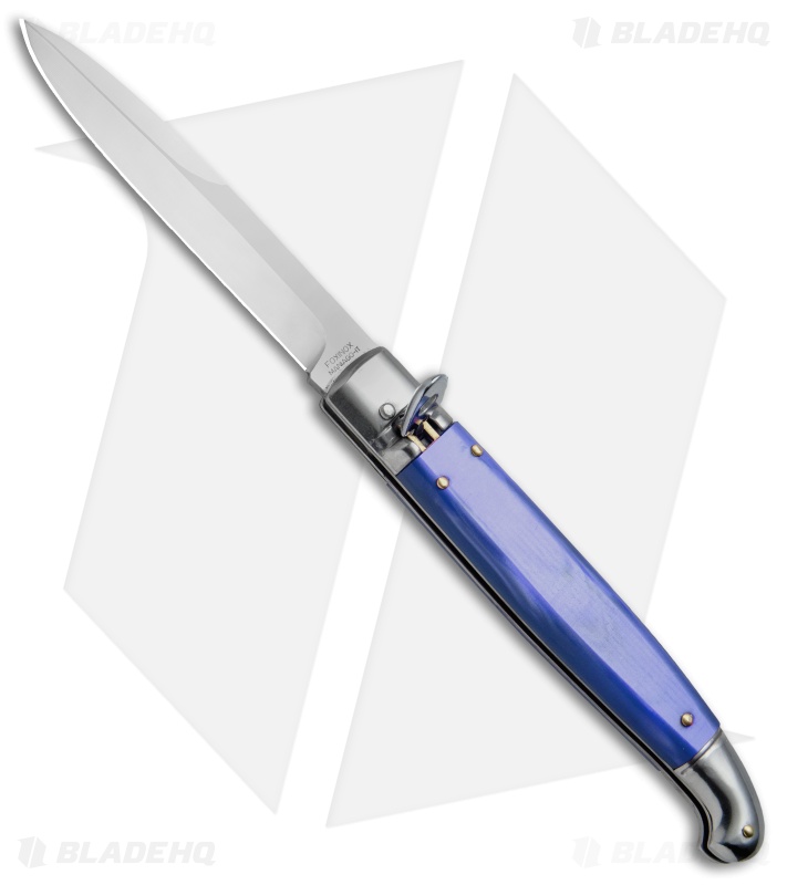 SKM 9.5" Fancy Lever Lock Automatic Knife Blue Acrylic (4" Satin Bayo)