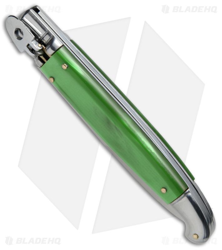 SKM 9.5" Fancy Lever Lock Automatic Knife Green Acrylic (4" Satin Bayo)