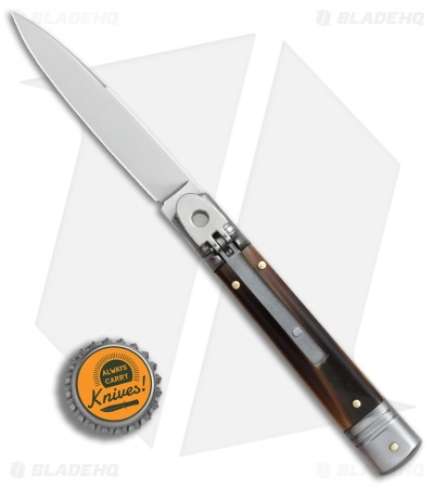 SKM 7.75" Slimline Leverlock Automatic Knife Brazilian Horn (3.2" Satin)