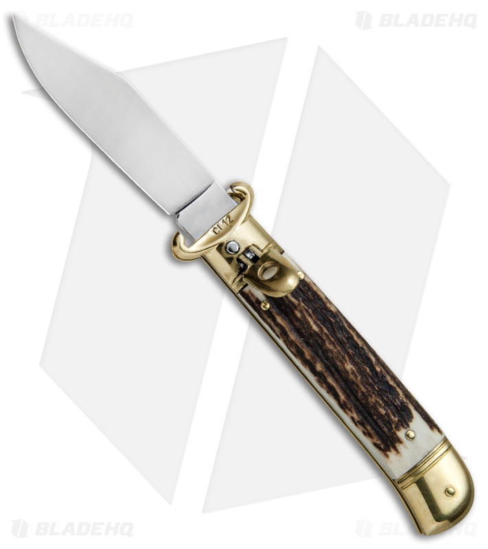 SKM 8" Lever Lock Italian Auto Stag Bone w/ Brass Bolster (3.2" Polish)