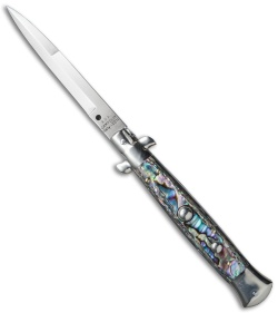 AGA Campolin 10" Italian Stiletto  Automatic Knife Abalone (4.5" Satin Bayo)