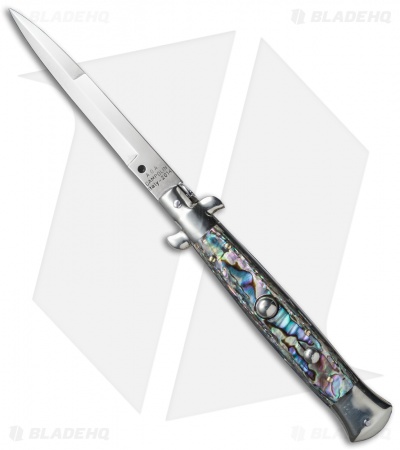 AGA Campolin 10" Italian Stiletto  Automatic Knife Abalone (4.5" Satin Bayo)