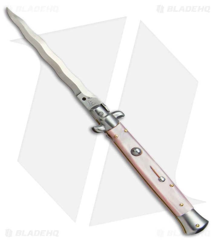 SKM AB 11" Italian Stiletto Automatic Knife Pink Pearlex (5" Satin Kriss)