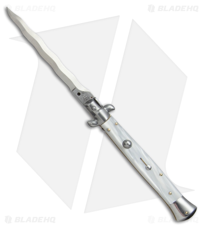 SKM AB 11" Italian Stiletto Automatic Knife White Pearlex (5" Satin Kriss)