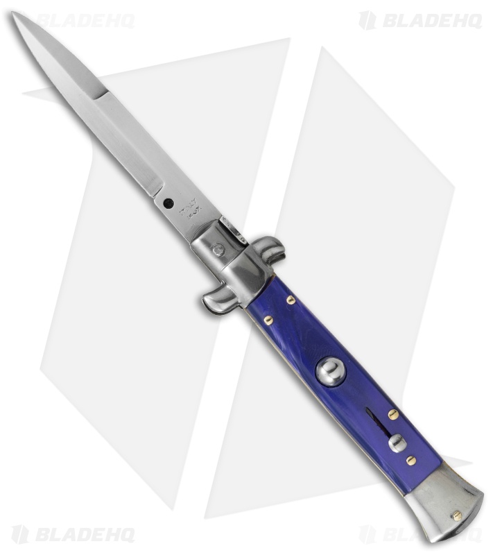 SKM 8" Italian Stiletto Automatic Knife Blue Pearlex (3.3" Satin Bayonet)