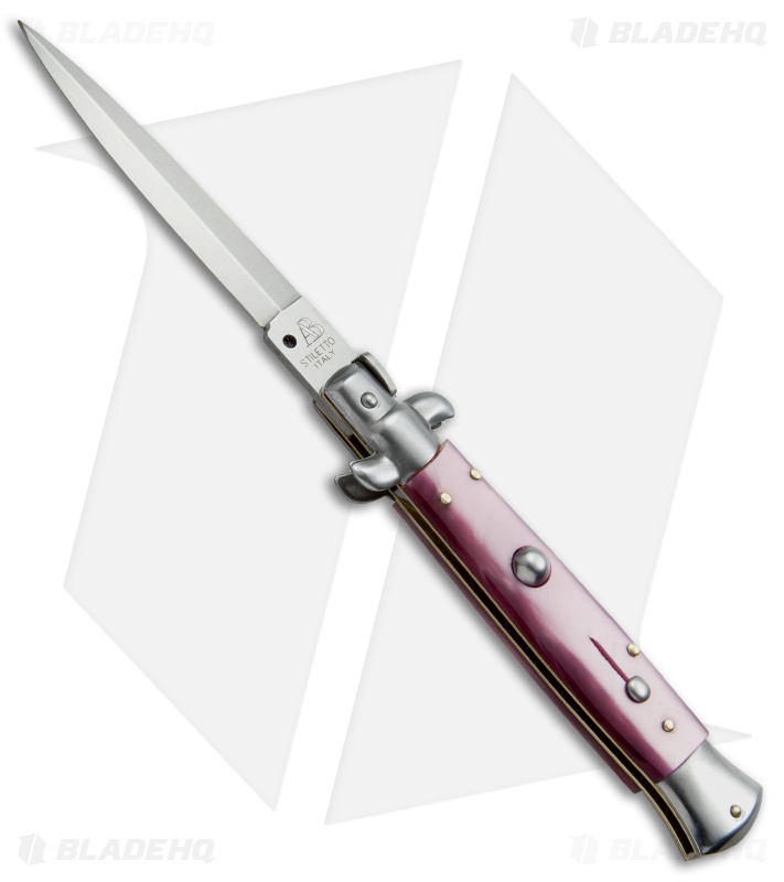 SKM AB 9" Italian Stiletto Automatic Knife Purple Pearlex (3.8" Satin Dagger)