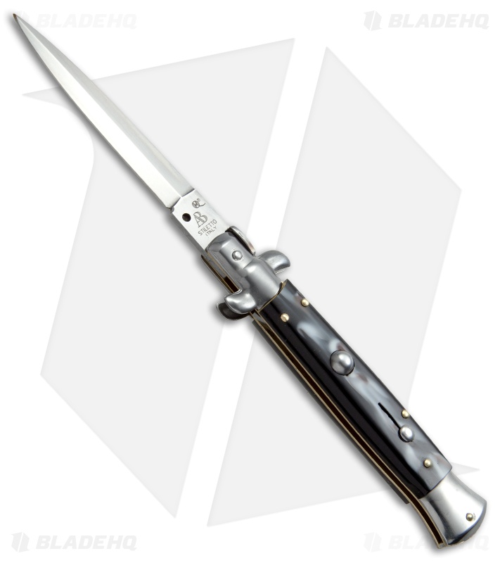 SKM AB 9" Italian Stiletto Automatic Knife Sim Dark Horn (3.8" Satin Dagger)
