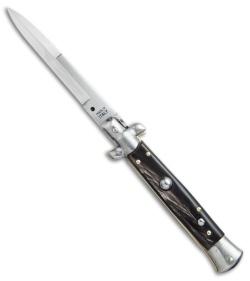 SKM 9" Italian Stiletto Automatic Knife Dark Horn (4" Satin Bayonet)