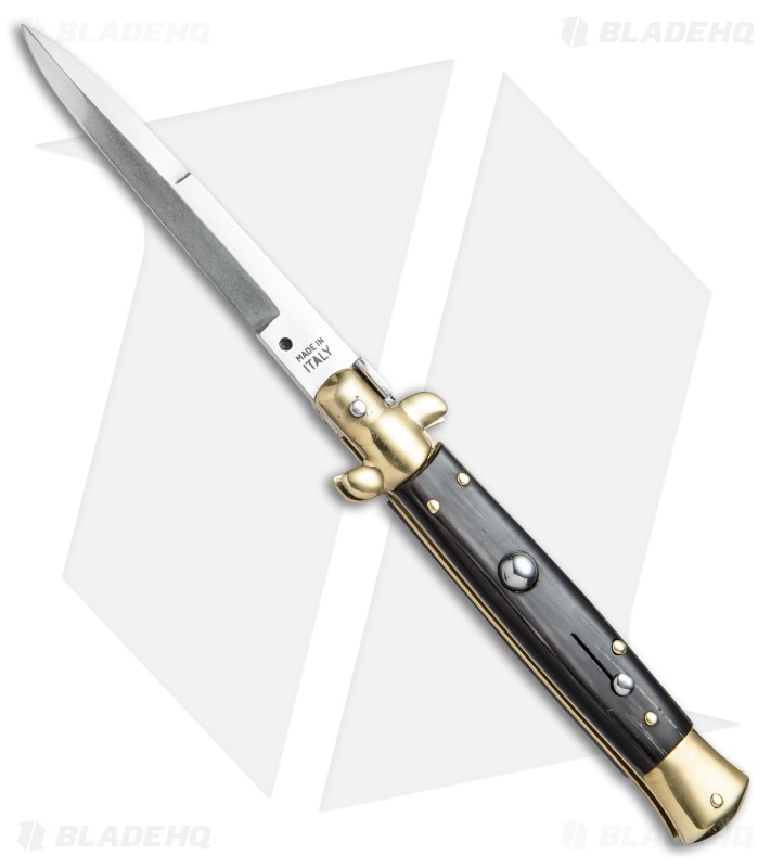 SKM 9" Italian Stiletto Automatic Knife Brass/Dark Horn (3.8" Satin Bayonet)
